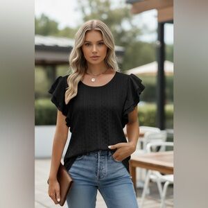 NEW•XL-2X•Sugared+Bronzed Bella Black Essential Ruffle Sleeve Top